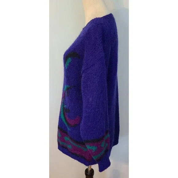 Cambridge Spirit Women L Purple Colorful Wool Blend Abstract 80's Style Pullover - Picture 3 of 13